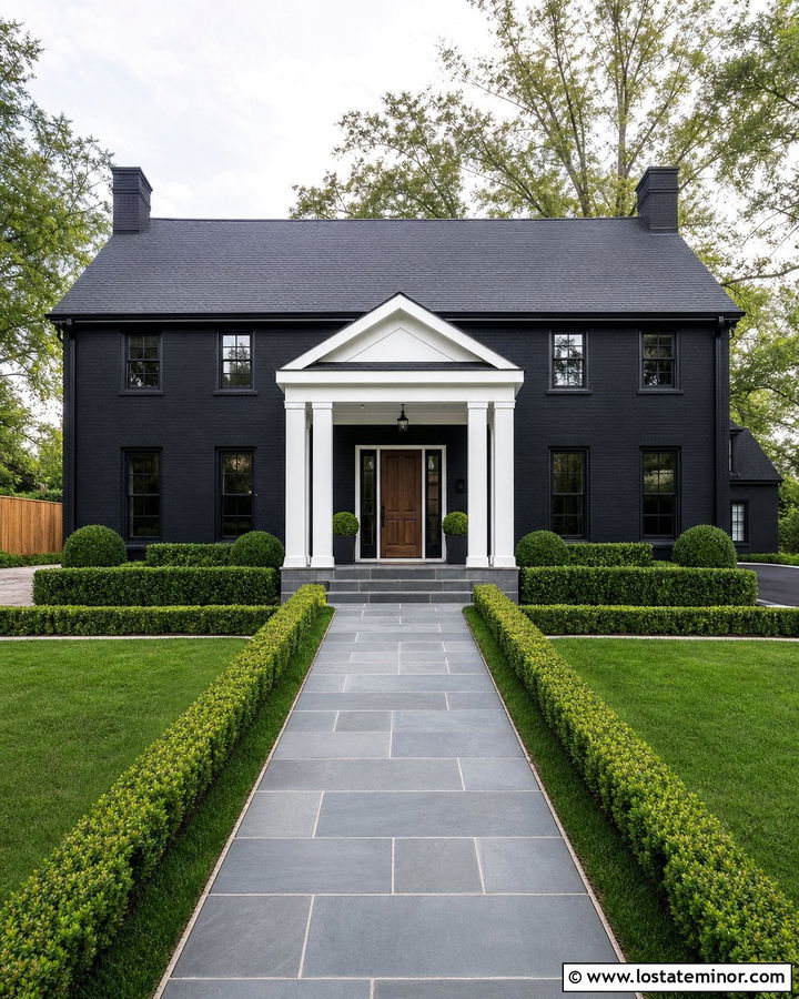 Jet Black Brick House With White Column Portico - 30 Jet Black House Design With Portico Ideas