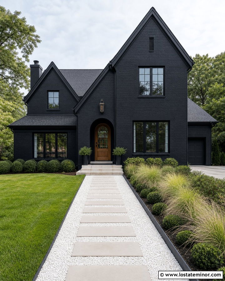 Jet Black Brick House With White Gravel Walkway - 30 Jet Black House Design With Walkway Ideas