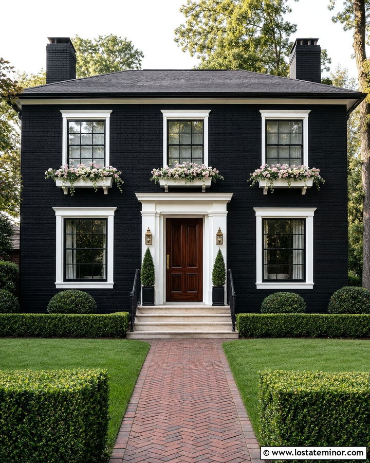 Jet Black Brick House With White Window Boxes - 30 Jet Black House Design With Window Boxes Ideas