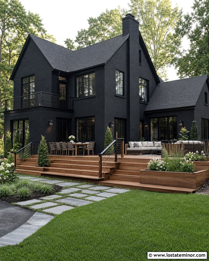 Jet Black Brick House With Wood Deck - 30 Jet Black House Design With Backyard Ideas