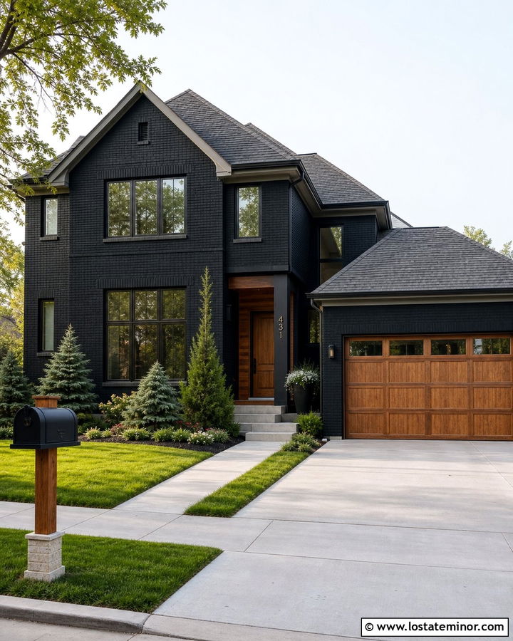 Jet Black Brick House With Wood Mailbox Post - 30 Jet Black House Design With Mailbox Ideas