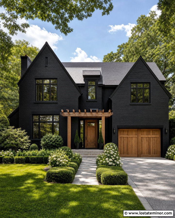 Jet Black Brick House With Wood Pergola - 30 Jet Black House Design With Pergola Ideas