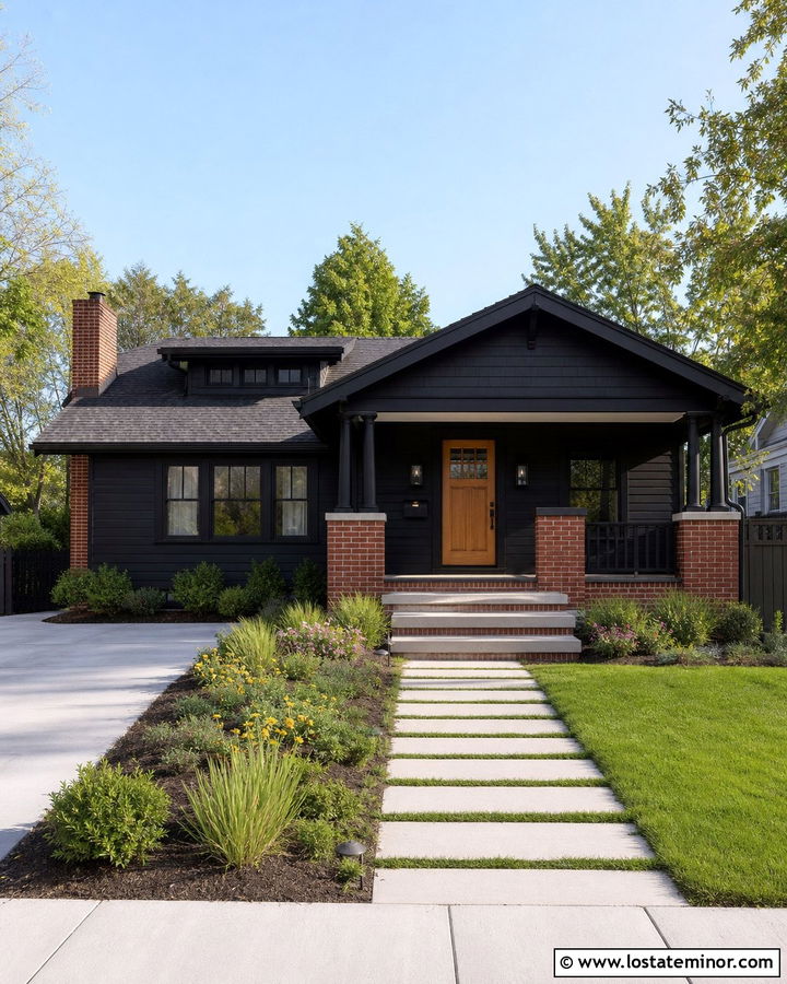 Jet Black Bungalow House With Brick Portico - 30 Jet Black House Design With Portico Ideas