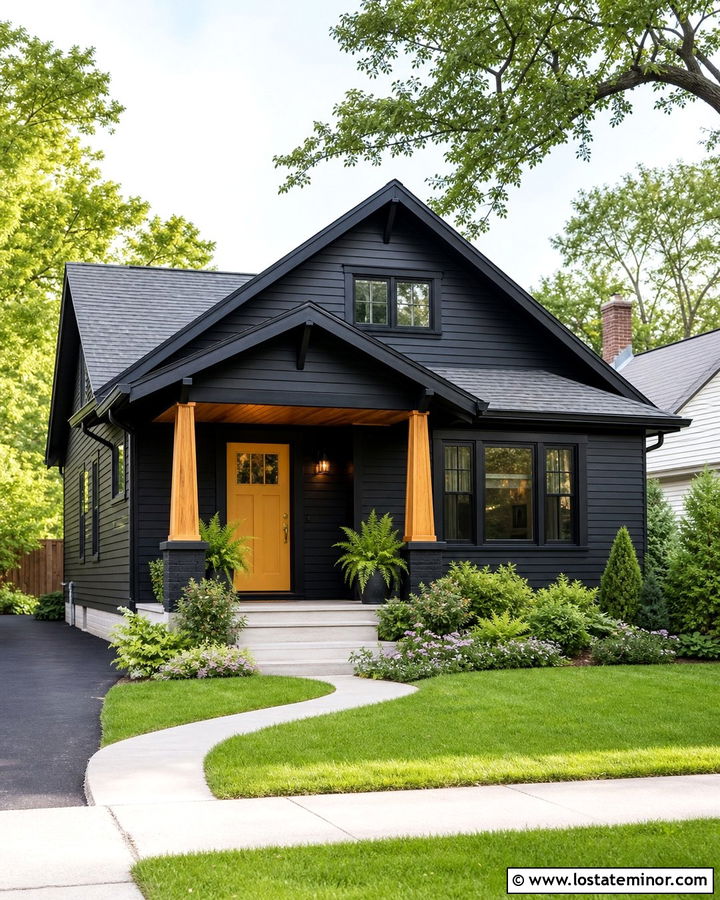 Jet Black Bungalow Siding With Mustard Front Door - 30 Jet Black House Design With Siding Ideas