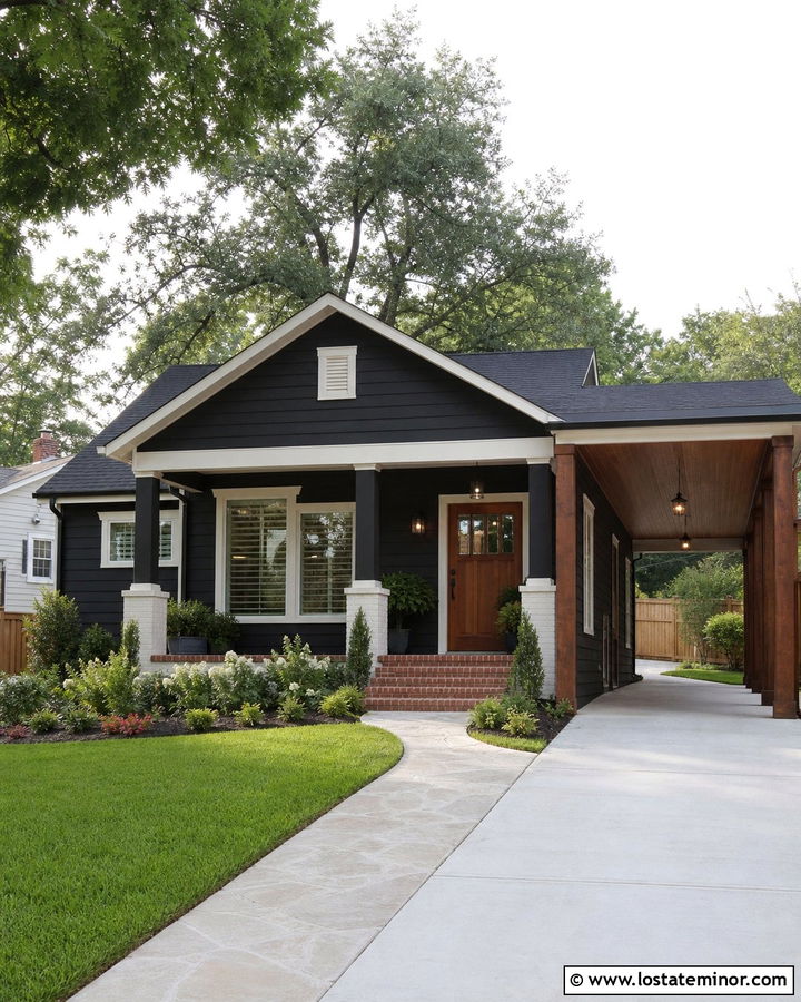 Jet Black Bungalow With Attached Carport - 30 Jet Black House Design With Carport Ideas