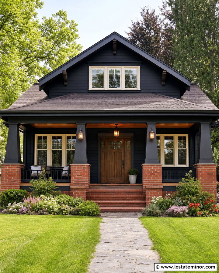 Jet Black Bungalow With Brick Porch Columns - 30 Jet Black House Design With Brick Accents Ideas