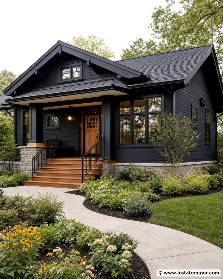 Jet Black Bungalow With Cedar Porch Steps - 30 Jet Black House Design With Steps Ideas