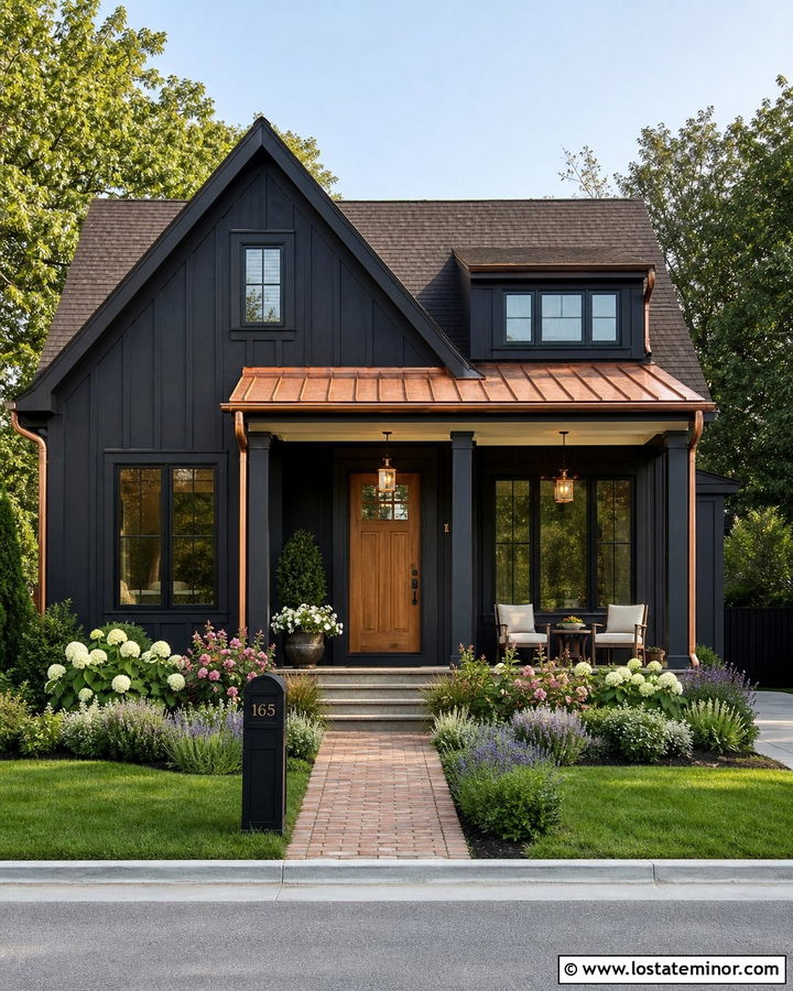 Jet Black Bungalow With Copper Details - 30 Jet Black House Design With Board and Batten Ideas