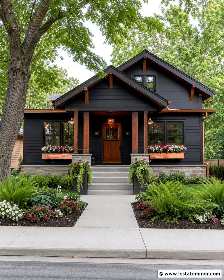 Jet Black Bungalow With Copper Window Boxes - 30 Jet Black House Design With Window Boxes Ideas