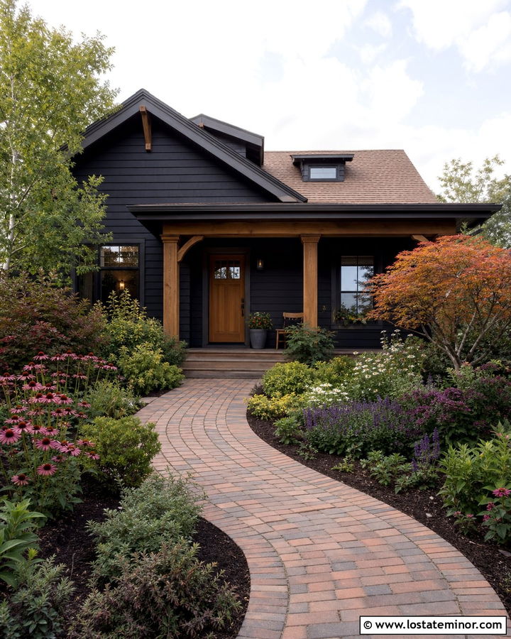 Jet Black Bungalow With Cottage Front Garden - 30 Jet Black House Design With Front Yard Ideas