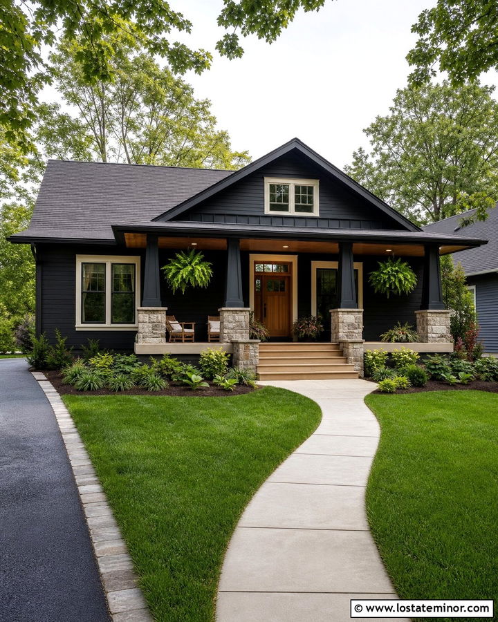 Jet Black Bungalow With Covered Front Deck - 30 Jet Black House Design With Deck Ideas