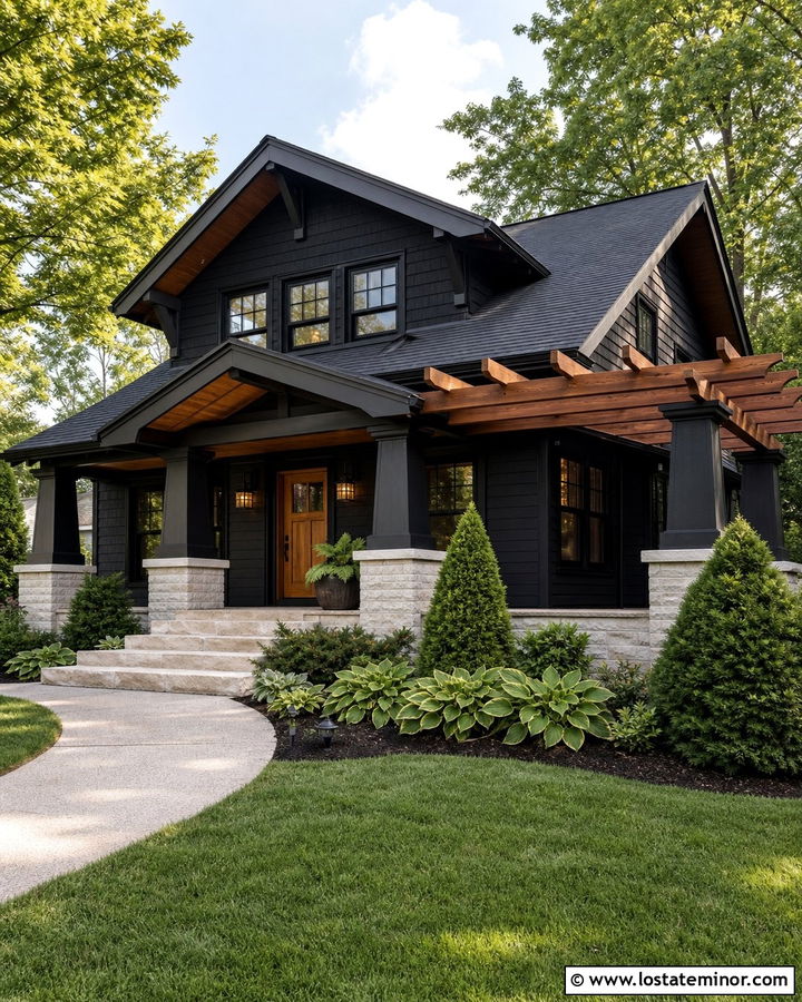 Jet Black Bungalow With Craftsman Pergola - 30 Jet Black House Design With Pergola Ideas