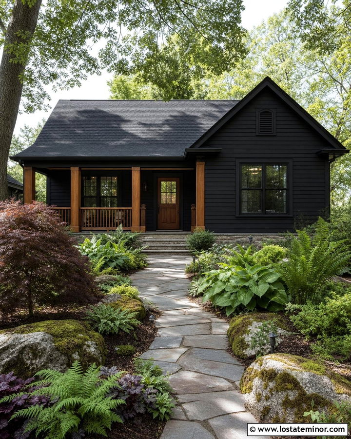 Jet Black Bungalow With Fern Landscaping - 30 Jet Black House Design With Landscaping Ideas