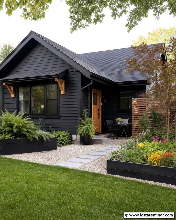 Jet Black Bungalow With Gravel Courtyard - 30 Jet Black House Design With Backyard Ideas
