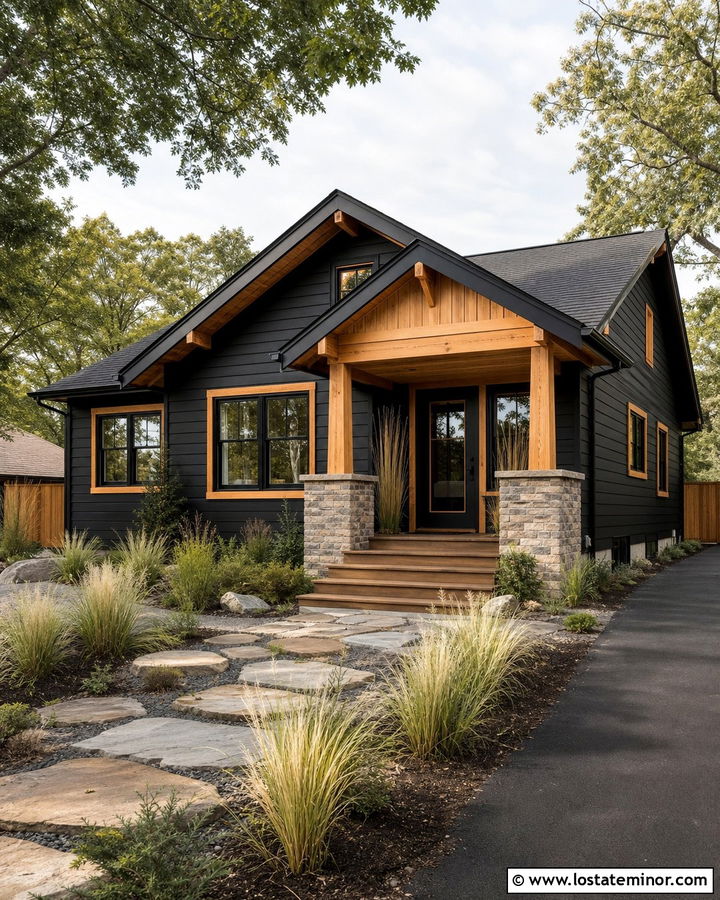 Jet Black Bungalow With Natural Cedar Trim - 30 Jet Black House Design With Trim Ideas