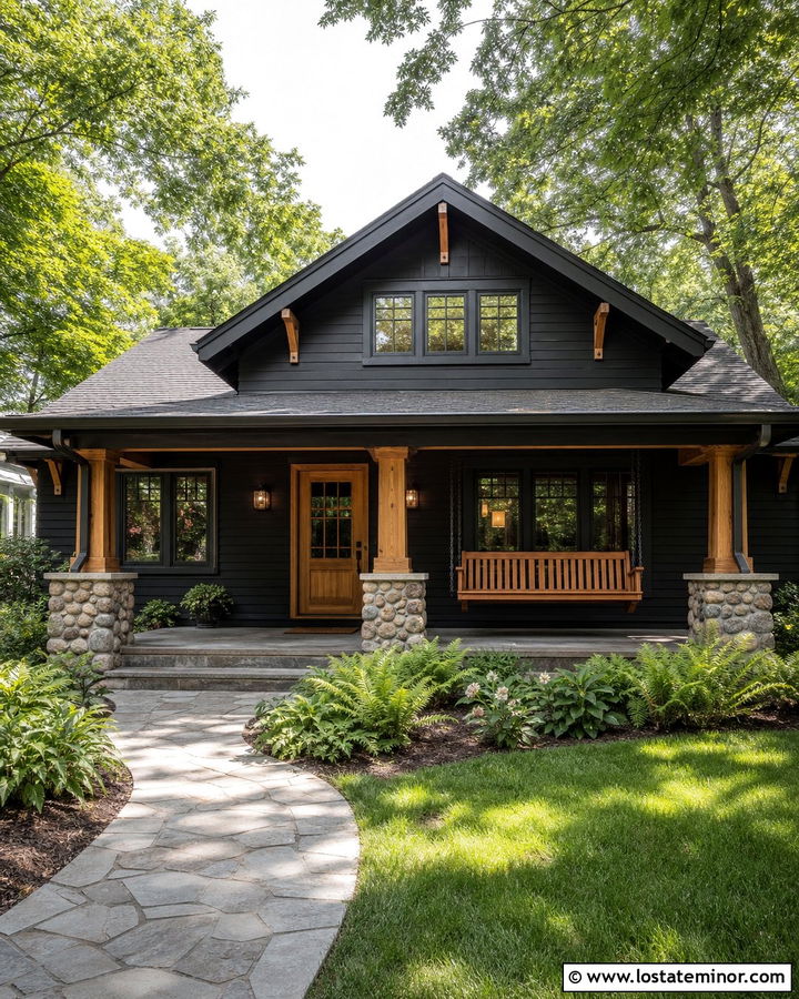 Jet Black Bungalow With Oak Porch Swing - 30 Jet Black House Design With Swing Ideas
