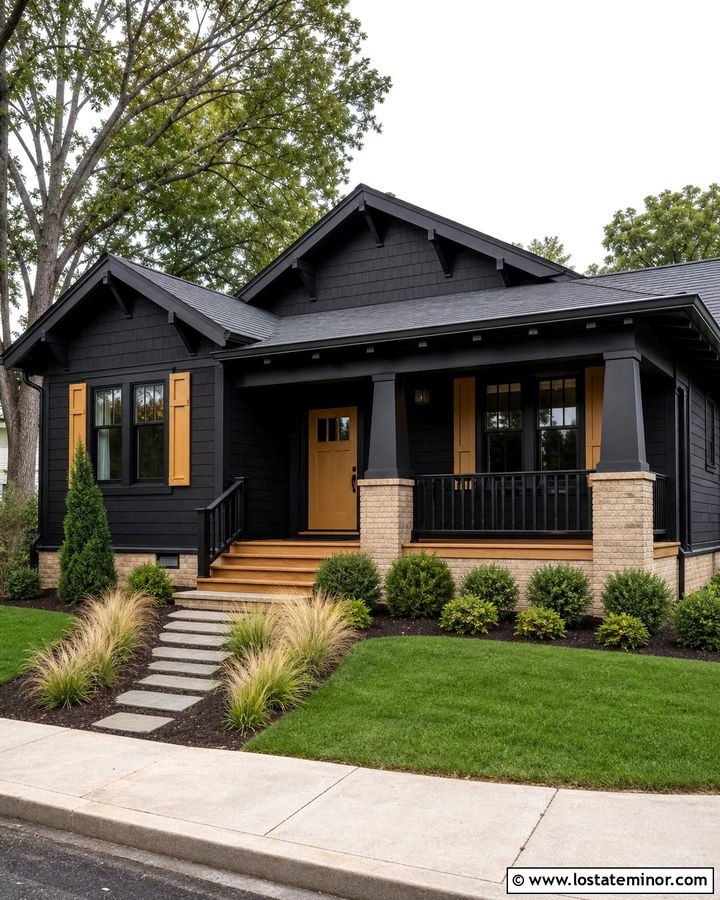 Jet Black Bungalow With Ochre Shutters - 30 Jet Black House Design With Shutters Ideas