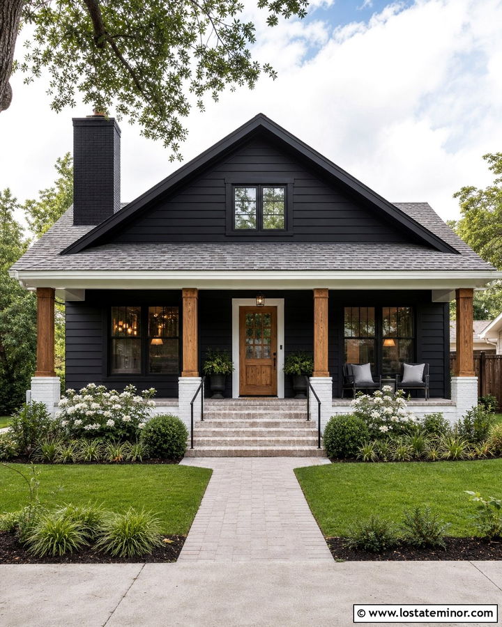 Jet Black Bungalow With Painted Brick Chimney - 30 Jet Black House Design With Chimney Ideas