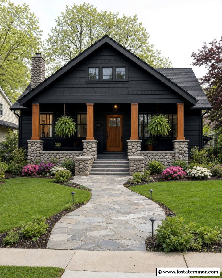 Jet Black Bungalow With River Rock Porch - 30 Jet Black House Design With Stone Accents Ideas
