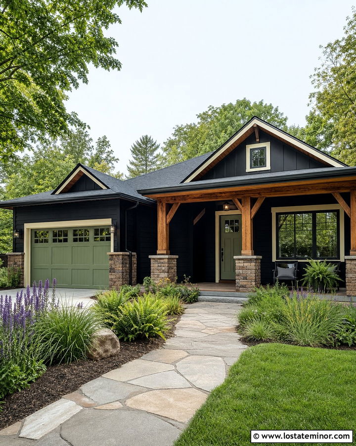 Jet Black Bungalow With Sage Green Garage Door - 30 Jet Black House Design With Garage Door Ideas