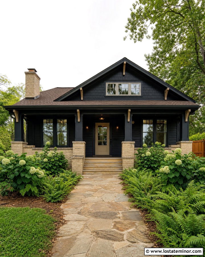 Jet Black Bungalow With Sandstone Storm Door - 30 Jet Black House Design With Storm Door Ideas