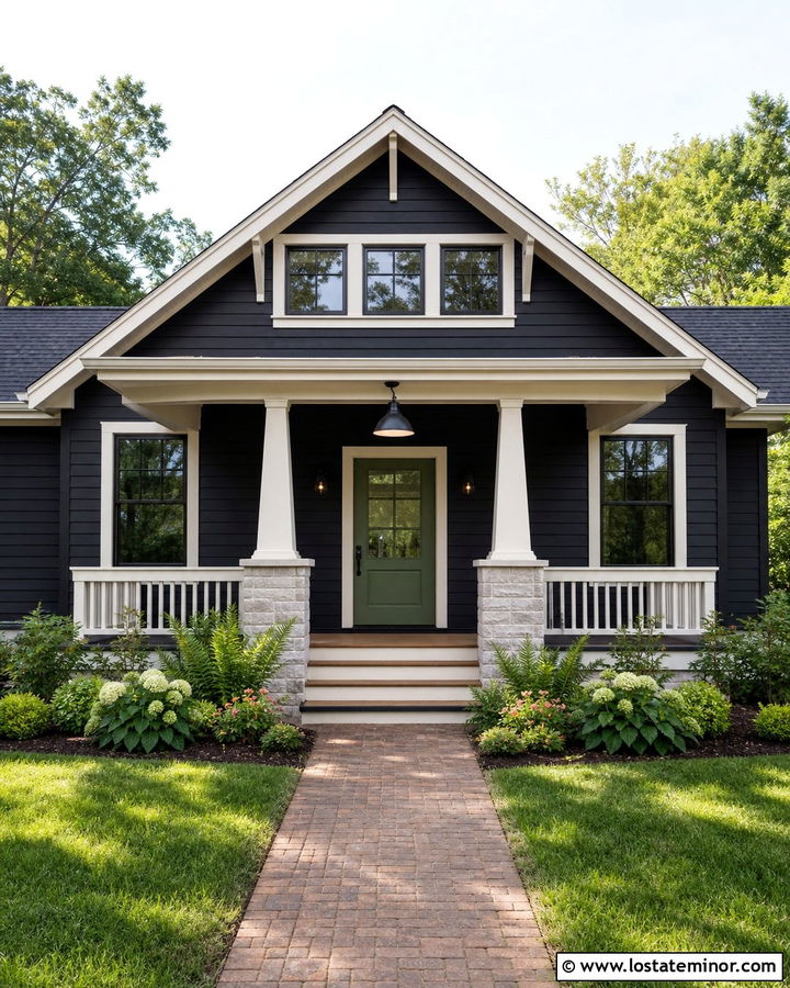 Jet Black Bungalow With Schoolhouse Lights - 30 Jet Black House Design With Lighting Ideas