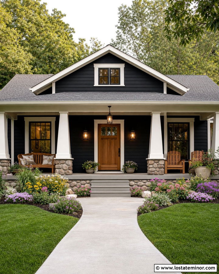 Jet Black Bungalow With Seeded Glass Lanterns - 30 Jet Black House Design With Light Fixtures Ideas