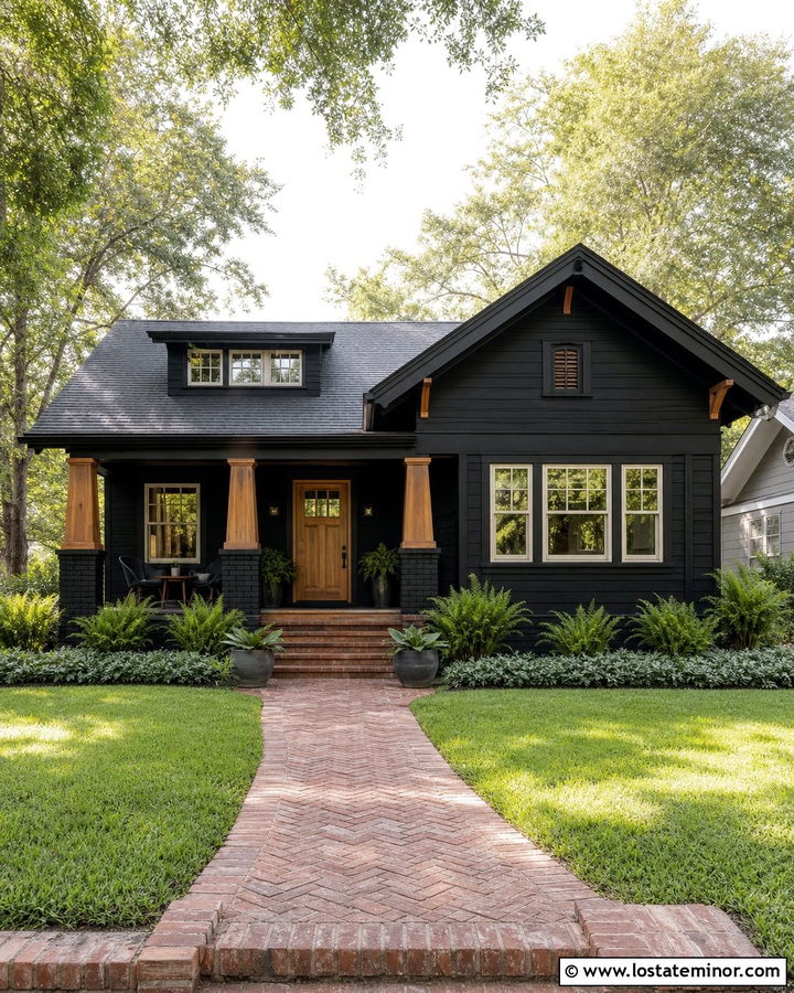 Jet Black Bungalow With Tapered Porch Columns - 30 Jet Black House Design With Porch Columns Ideas