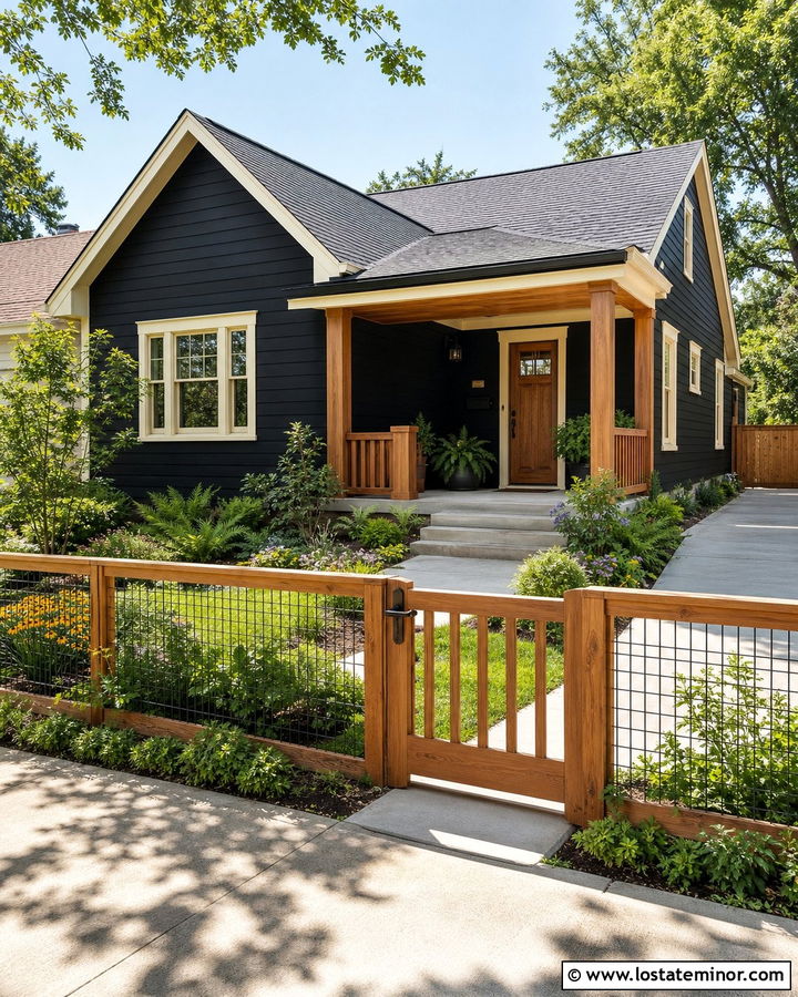 Jet Black Bungalow With Wood And Wire Fence - 30 Jet Black House Design With Fence Ideas