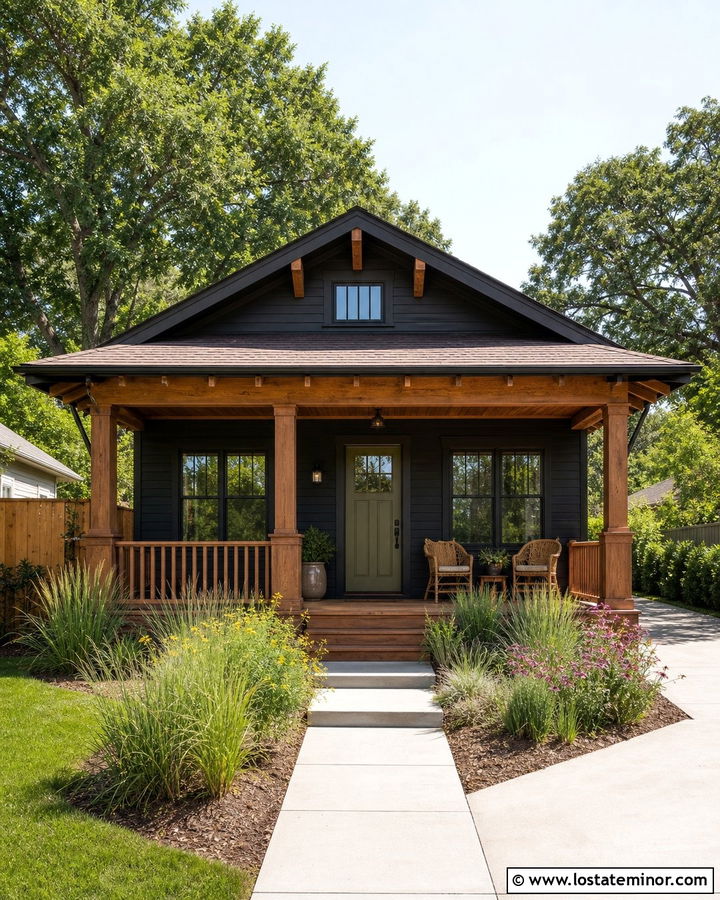 Jet Black Bungalow With Wood Railing Porch - 30 Jet Black House Design With Front Porch Ideas