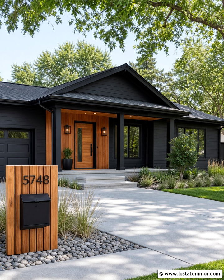 Jet Black Bungalow With Wood Slat Mailbox - 30 Jet Black House Design With Mailbox Ideas