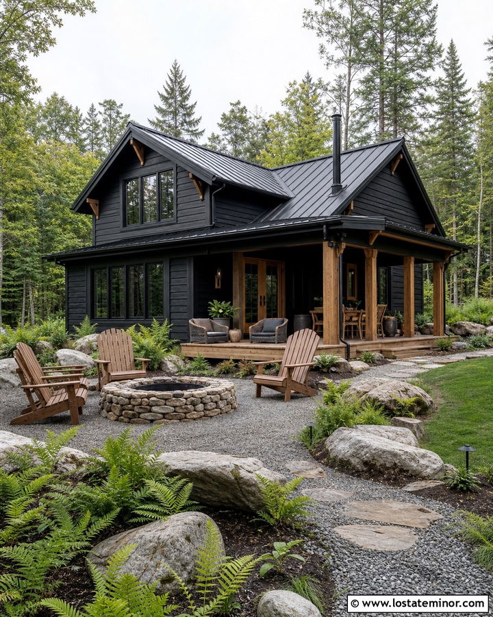 Jet Black Cabin House With Fire Pit Patio - 30 Jet Black House Design With Backyard Ideas