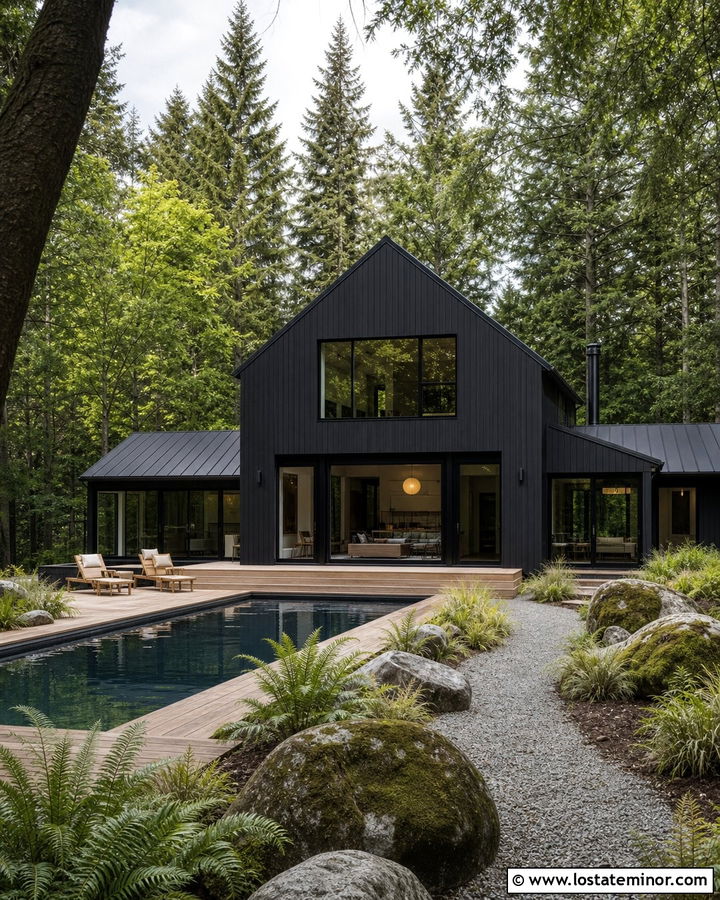 Jet Black Cabin House With Forest Pool - 30 Jet Black House Design With Swimming Pool Ideas