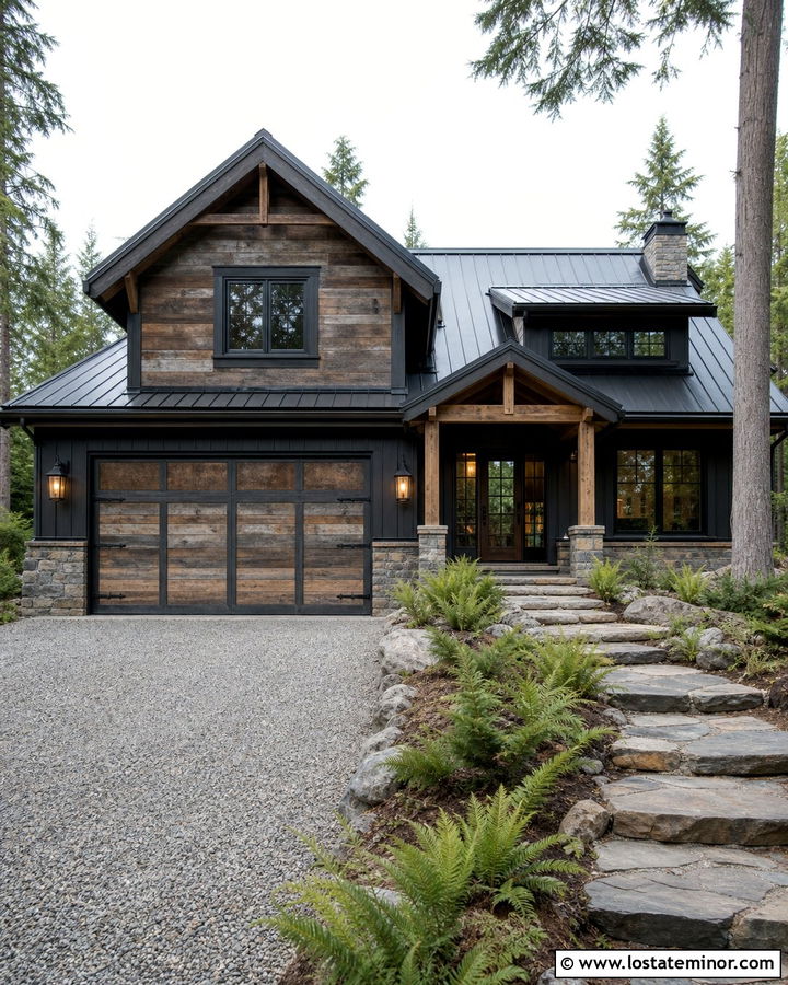 Jet Black Cabin House With Reclaimed Wood Garage Door - 30 Jet Black House Design With Garage Door Ideas