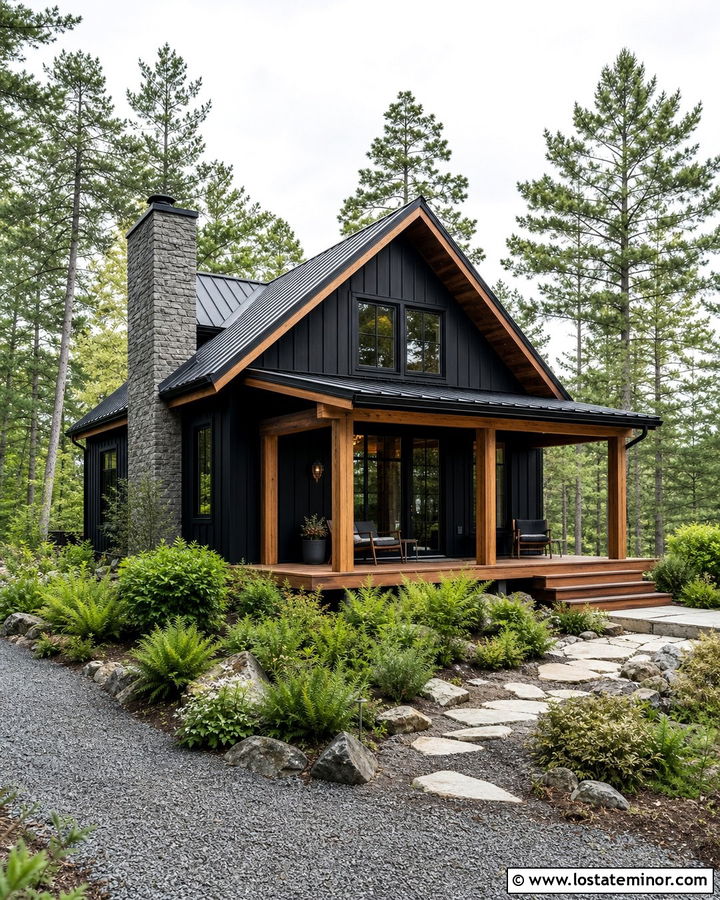Jet Black Cabin With A Cedar Deck - 30 Jet Black House Design With Board and Batten Ideas