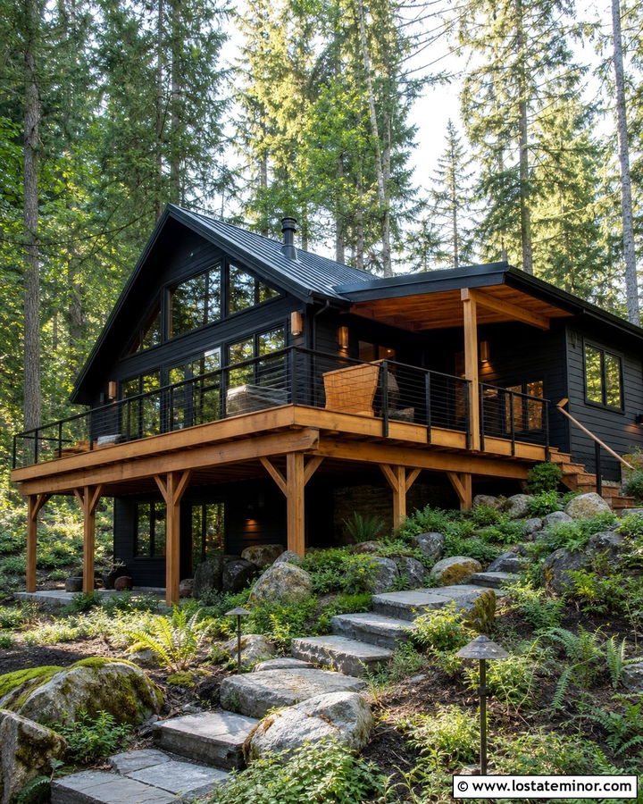 Jet Black Cabin With Elevated Wood Deck - 30 Jet Black House Design With Deck Ideas