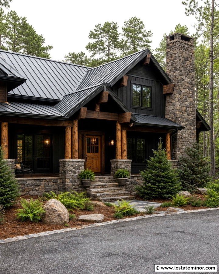 Jet Black Cabin With Fieldstone Foundation - 30 Jet Black House Design With Stone Accents Ideas