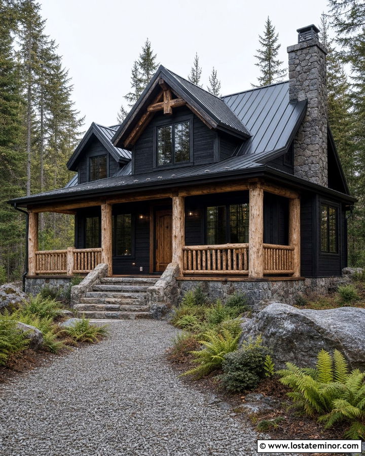Jet Black Cabin With Log Porch Columns - 30 Jet Black House Design With Porch Columns Ideas