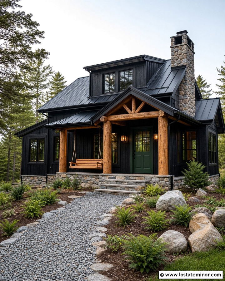 Jet Black Cabin With Log Porch Swing - 30 Jet Black House Design With Swing Ideas