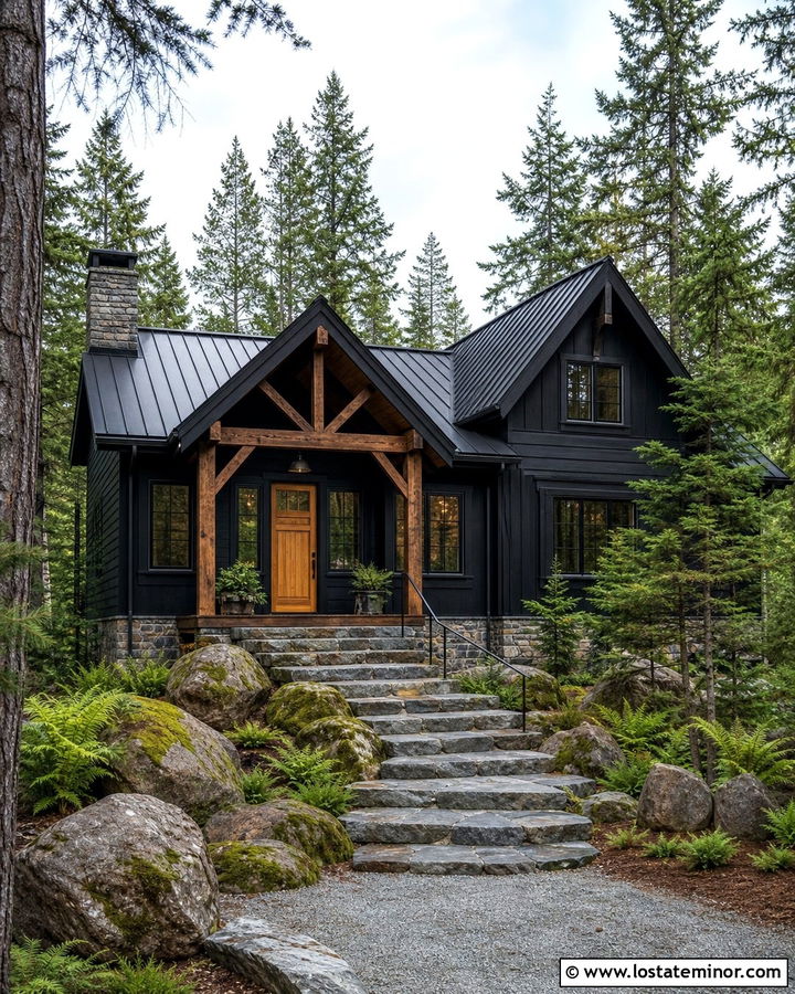 Jet Black Cabin With Rough Stone Steps - 30 Jet Black House Design With Steps Ideas