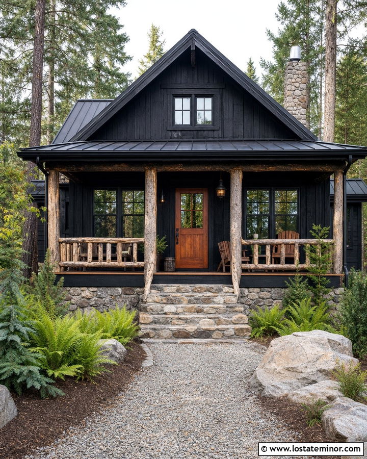 Jet Black Cabin With Rustic Front Porch - 30 Jet Black House Design With Front Porch Ideas