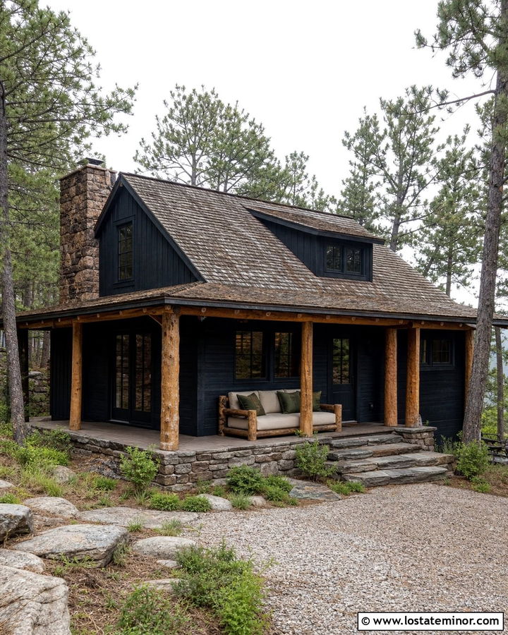 Jet Black Cabin With Rustic Log Daybed - 30 Jet Black House Design With Daybed Ideas