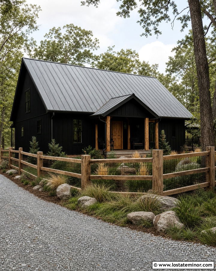 Jet Black Cabin With Rustic Rail Fence - 30 Jet Black House Design With Fence Ideas