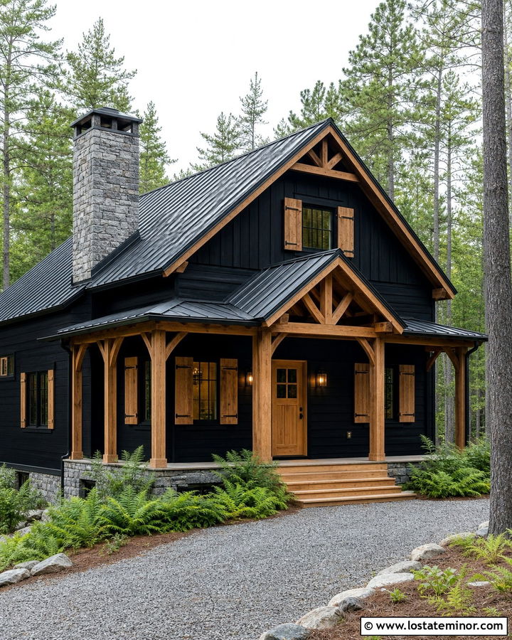 Jet Black Cabin With Rustic Red Cedar Shutters - 30 Jet Black House Design With Shutters Ideas