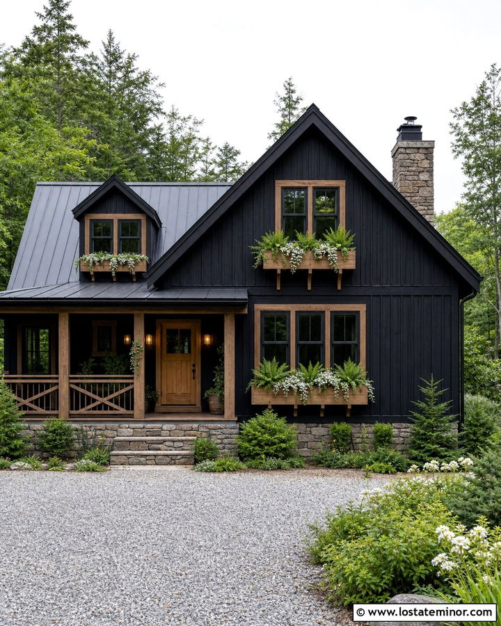 Jet Black Cabin With Rustic Window Boxes - 30 Jet Black House Design With Window Boxes Ideas