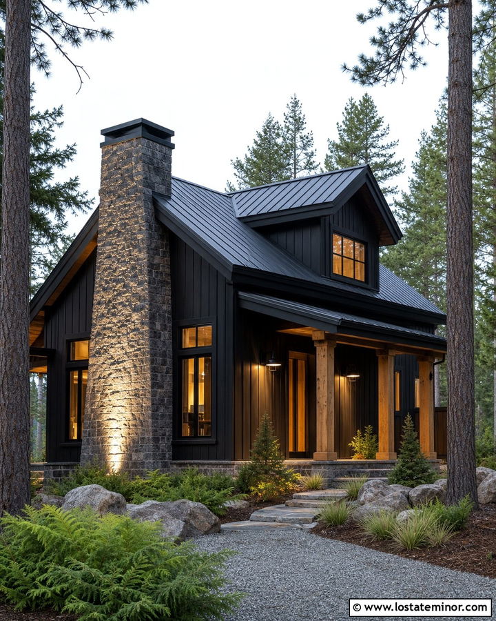 Jet Black Cabin With Stone Uplighting - 30 Jet Black House Design With Lighting Ideas