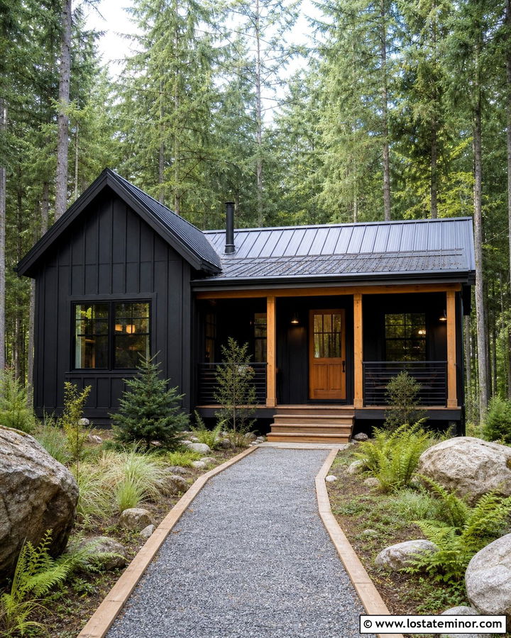 Jet Black Cabin With Timber Edged Gravel Walkway - 30 Jet Black House Design With Walkway Ideas
