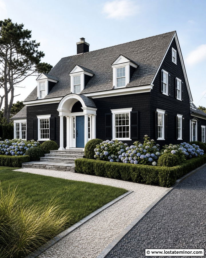 Jet Black Cape Cod House With Arched Portico - 30 Jet Black House Design With Portico Ideas