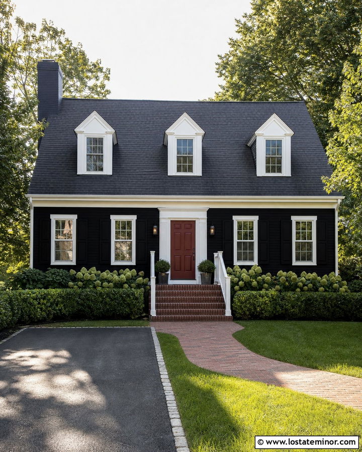 Jet Black Cape Cod House With Brick Steps - 30 Jet Black House Design With Steps Ideas