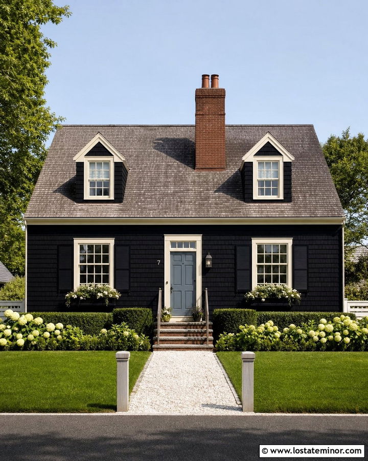 Jet Black Cape Cod House With Central Chimney - 30 Jet Black House Design With Chimney Ideas